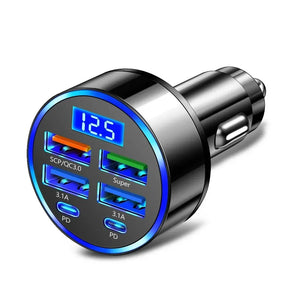 Carregador de Carro PD 66-250W QC3.0 Carregamento Rápido de Um a Seis Plugue de Isqueiro de Carro Carregador de Carro Carregamento Rápido com Display Digital
