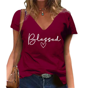 Camiseta V-neck estampada Blessed, casual, de manga curta, Moda Feminina Streetwear, Oversized V-Neck