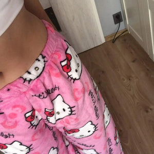 Calças de Pijama Y2K Hello Kitty Sanrio Anime Calças de Pijama Femininas Casal de Desenho Animado Roupas de Dormir para Casa Calças de Lazer Roupas para Casa
