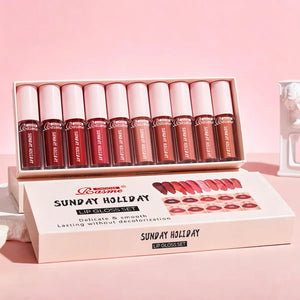 Conjunto de 10 Peças de Gloss Labial Batom de Veludo: Gloss Labial à Prova d'Água e de Longa Duração, Conjunto Hidratante para Mulheres, Presente de Dia dos Namorados