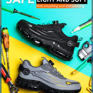 Sapatos de Segurança com Botão Rotativo para Homens, Tênis com Biqueira de Aço, Botas de Trabalho à Prova de Perfuração, Botas de Segurança com Almofada de Ar, Sapatos de Trabalho Esportivos, Botas Antichoque