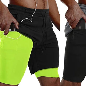 Calções de Corrida Masculinos Secagem Rápida Fitness Pretos de Dupla Camada para Homens Novos para Treino de Esportes e Musculação