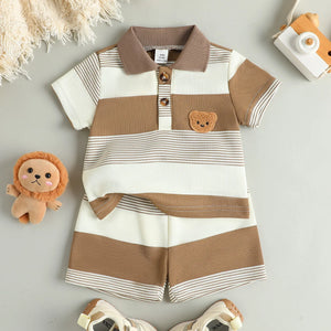 Conjunto de Verão para Crianças: Camiseta Curta Listrada com Estampa de Urso de Pelúcia e Calças Curtas para Meninos, Conjunto Casual Esportivo de Duas Peças