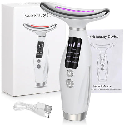 Massageador Facial e de Pescoço de 7 Cores EMS com Microcorrente para Rosto, Pescoço e Ombros, Dispositivo de Beleza com Vibração para Cuidados Avançados com Rosto, Pescoço e Ombros