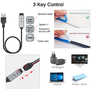 Luzes LED para TV Controle de 3 Teclas Fita LED USB 5V Luzes de Fita para Luz de Fundo de TV Decoração de Festa em Casa Fita Flexível