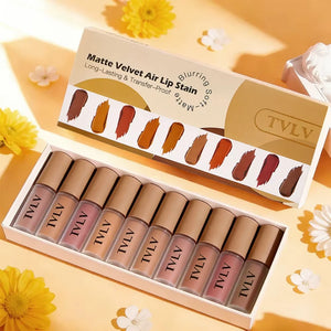 Conjunto de 10 Peças de Gloss Labial Batom de Veludo: Gloss Labial à Prova d'Água e de Longa Duração, Conjunto Hidratante para Mulheres, Presente de Dia dos Namorados