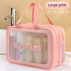 Bolsa de maquiagem dupla transparente PU com separação seca-molhada, bolsa de lavagem portátil, bolsa de armazenamento de cosméticos, essenciais para viagens, fitness e natação.