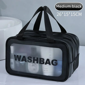 Bolsa de maquiagem dupla transparente PU com separação seca-molhada, bolsa de lavagem portátil, bolsa de armazenamento de cosméticos, essenciais para viagens, fitness e natação.