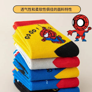 5 Pares de Meias Infantis MARVEL Spiderman Kawaii Meias de Anime Macias Meias para Meninos Meias de Tubo Médio Cartoon Meias para Bebês 1-12 Anos
