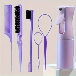 Conjunto de 6 peças de escovas de cabelo, frasco de spray para cabeleireiro, laço para tranças, pente de cauda de rato, escova de desfiar cabelo, escova de controle de bordas.