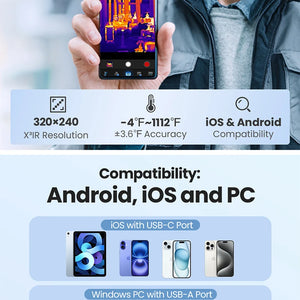 (iPhone&Android) Câmera térmica P1 para Android para iPhone 320*240 X³IR Resolução 600℃ 25Hz Câmera de Inspeção de Casa HVAC