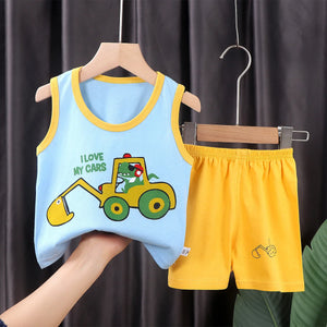 Conjunto de Roupas para Crianças 2PCS Coleção de Verão Camisetas de Algodão Calças Curtas Sem Mangas para Meninos e Meninas Roupas para Bebês
