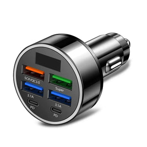 Carregador de Carro PD 66-250W QC3.0 Carregamento Rápido de Um a Seis Plugue de Isqueiro de Carro Carregador de Carro Carregamento Rápido com Display Digital
