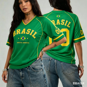 Camiseta Feminina Brasil 00 Estampada Decote em V Manga Curta Verão Gráfica Jersey Plus Size Camiseta Esportiva