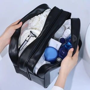 Bolsa de maquiagem dupla transparente PU com separação seca-molhada, bolsa de lavagem portátil, bolsa de armazenamento de cosméticos, essenciais para viagens, fitness e natação.