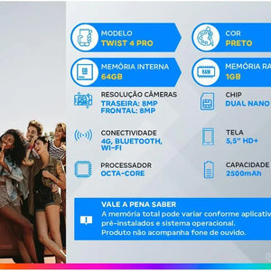 Smartphone Positivo Twist 4 Pro 64GB Preto 4G Octa-Core 1GB RAM Tela 5,5” Câmera. 8MP + Selfie 5MP