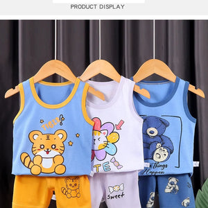 Conjunto de Roupas para Crianças 2PCS Coleção de Verão Camisetas de Algodão Calças Curtas Sem Mangas para Meninos e Meninas Roupas para Bebês