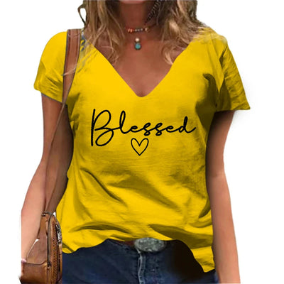 Camiseta V-neck estampada Blessed, casual, de manga curta, Moda Feminina Streetwear, Oversized V-Neck