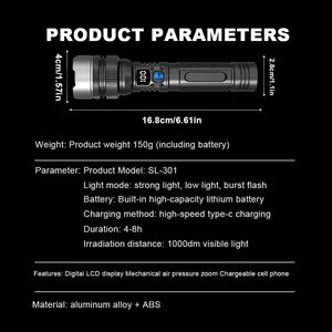 Lanterna Super Brilhante de 100000LM Lanterna Tática LED Recarregável de Longo Alcance para Camping ao Ar Livre, à Prova d'Água, Pesca