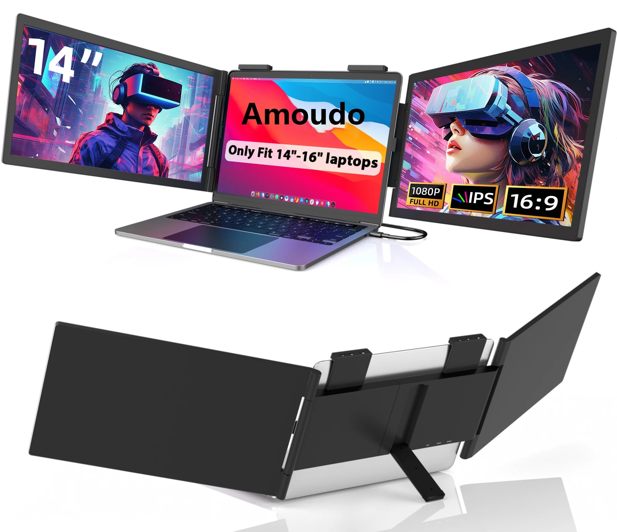Monitor Portátil Duplo Amoudo de 14 Polegadas 1920*1080P IPS Monitor Triplo Portátil com Porta USB-C para Laptops de 14-16,5" Windows/Mac Xbox