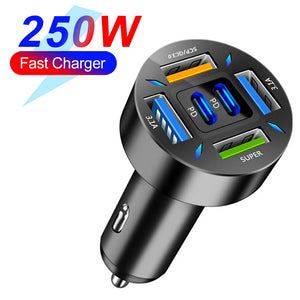 Carregador de Carro PD 66-250W QC3.0 Carregamento Rápido de Um a Seis Plugue de Isqueiro de Carro Carregador de Carro Carregamento Rápido com Display Digital