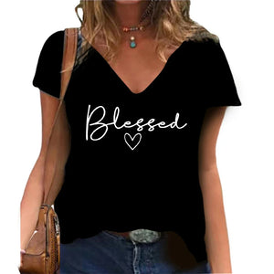Camiseta V-neck estampada Blessed, casual, de manga curta, Moda Feminina Streetwear, Oversized V-Neck