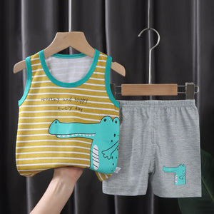 Conjunto de Roupas para Crianças 2PCS Coleção de Verão Camisetas de Algodão Calças Curtas Sem Mangas para Meninos e Meninas Roupas para Bebês