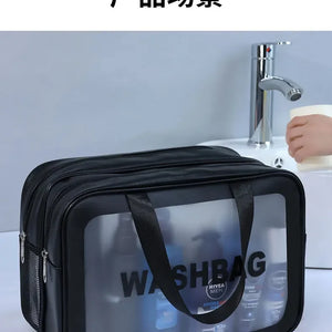 Bolsa de maquiagem dupla transparente PU com separação seca-molhada, bolsa de lavagem portátil, bolsa de armazenamento de cosméticos, essenciais para viagens, fitness e natação.