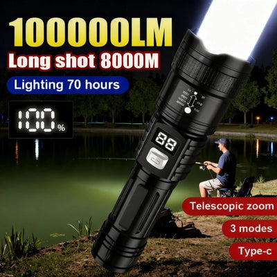 Lanterna Super Brilhante de 100000LM Lanterna Tática LED Recarregável de Longo Alcance para Camping ao Ar Livre, à Prova d'Água, Pesca