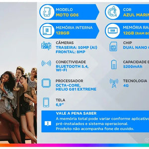 Smartphone Motorola Moto G06 128GB 4GB RAM Azul Marinho 6,9" Câmera 50MP + 8MP Selfie