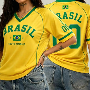 Camiseta Feminina Brasil 00 Estampada Decote em V Manga Curta Verão Gráfica Jersey Plus Size Camiseta Esportiva