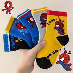5 Pares de Meias Infantis MARVEL Spiderman Kawaii Meias de Anime Macias Meias para Meninos Meias de Tubo Médio Cartoon Meias para Bebês 1-12 Anos