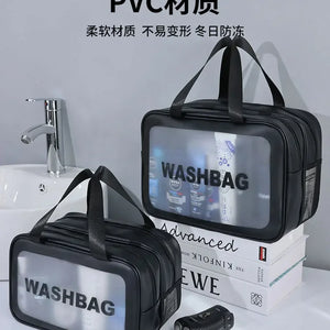 Bolsa de maquiagem dupla transparente PU com separação seca-molhada, bolsa de lavagem portátil, bolsa de armazenamento de cosméticos, essenciais para viagens, fitness e natação.