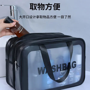 Bolsa de maquiagem dupla transparente PU com separação seca-molhada, bolsa de lavagem portátil, bolsa de armazenamento de cosméticos, essenciais para viagens, fitness e natação.