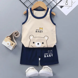 Conjunto de Roupas para Crianças 2PCS Coleção de Verão Camisetas de Algodão Calças Curtas Sem Mangas para Meninos e Meninas Roupas para Bebês
