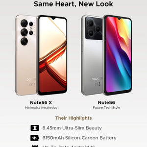 Telefone Móvel DOOGEE Note56 X Corpo Slim de 8,45mm Tela de 6,56" 90Hz Android 16 Bateria de 6150mAh Reconhecimento de Cena com IA Smartphone