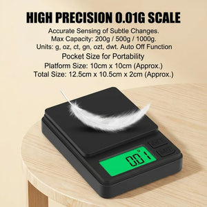 Balança de Precisão Digital de Bolso 1000g X 0,01g com LCD Retroiluminado Miniatura para Medição de Alimentos, Joias, Onças/Grãos para Viagem