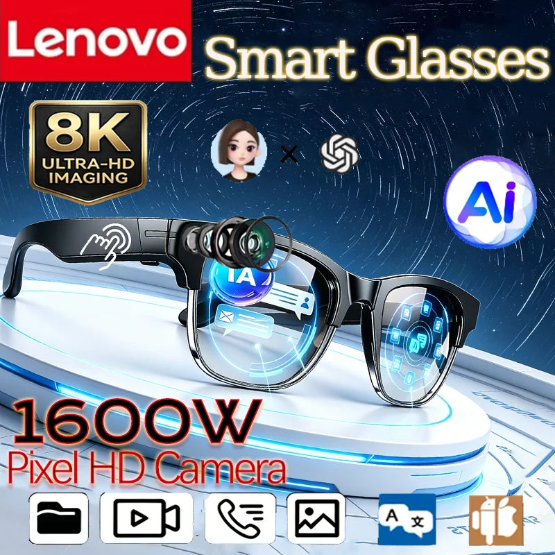 Lenovo Óculos Inteligentes 8K HD com IA Tradução Chamadas Sem Mão IA Chat Registro de Música Reprodução de Música Óculos de Sol Inteligentes para Homens e Mulheres NOVO