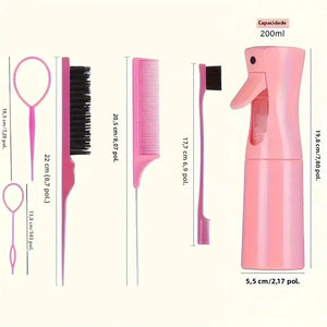 Conjunto de 6 peças de escovas de cabelo, frasco de spray para cabeleireiro, laço para tranças, pente de cauda de rato, escova de desfiar cabelo, escova de controle de bordas.