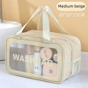 Bolsa de maquiagem dupla transparente PU com separação seca-molhada, bolsa de lavagem portátil, bolsa de armazenamento de cosméticos, essenciais para viagens, fitness e natação.