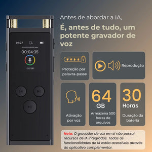 Gravador de Voz AI transcrição, Tradução, Resumo, Mapeamento Mental, Ativação por Voz 64GB Dictafone de Alumínio [Versão AI]