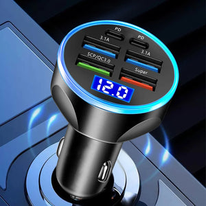Carregador de Carro PD 66-250W QC3.0 Carregamento Rápido de Um a Seis Plugue de Isqueiro de Carro Carregador de Carro Carregamento Rápido com Display Digital