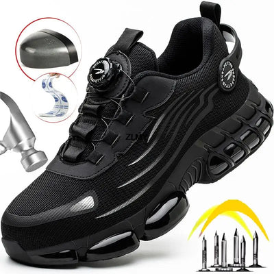 Sapatos de Segurança com Botão Rotativo para Homens, Tênis com Biqueira de Aço, Botas de Trabalho à Prova de Perfuração, Botas de Segurança com Almofada de Ar, Sapatos de Trabalho Esportivos, Botas Antichoque