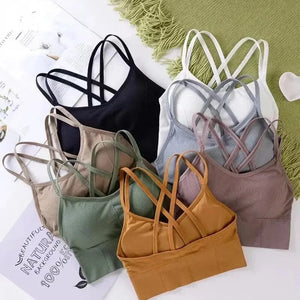 Top de mulher sexy com alças cruzadas nas costas, sutiã esportivo push-up para corrida, respirável, macio, fitness, beleza, cor sólida, sutiã de ioga.
