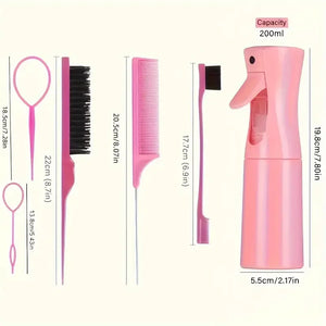 Conjunto de 6 peças de escovas de cabelo, frasco de spray para cabeleireiro, laço para tranças, pente de cauda de rato, escova de desfiar cabelo, escova de controle de bordas.