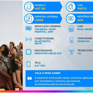 Smartphone Infinix Hot 30i 128GB Preto 4G MediaTek 8GB RAM 6,6 "Câmera. 50MP + Selfie 5MP Dual Chip