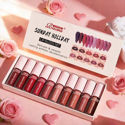 Conjunto de 10 Peças de Gloss Labial Batom de Veludo: Gloss Labial à Prova d'Água e de Longa Duração, Conjunto Hidratante para Mulheres, Presente de Dia dos Namorados