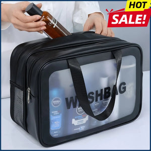 Bolsa de maquiagem dupla transparente PU com separação seca-molhada, bolsa de lavagem portátil, bolsa de armazenamento de cosméticos, essenciais para viagens, fitness e natação.