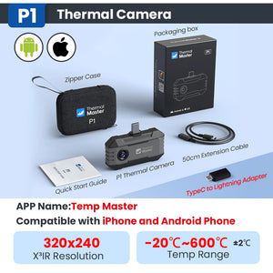 (iPhone&Android) Câmera térmica P1 para Android para iPhone 320*240 X³IR Resolução 600℃ 25Hz Câmera de Inspeção de Casa HVAC