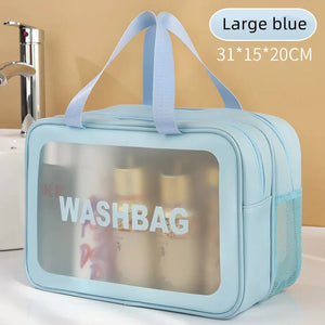 Bolsa de maquiagem dupla transparente PU com separação seca-molhada, bolsa de lavagem portátil, bolsa de armazenamento de cosméticos, essenciais para viagens, fitness e natação.